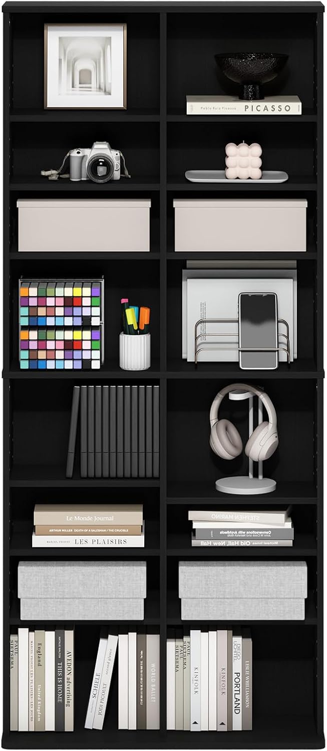 Jaya DVD Shelf, 16-Shelf Wide CD Rack, Media Shelf with Adjustable Shelves, 8 x 2 DVD Storage Cabinets for CD Bluray Game Disc, Easy Assembly, for Living Room, Home Office, Americano