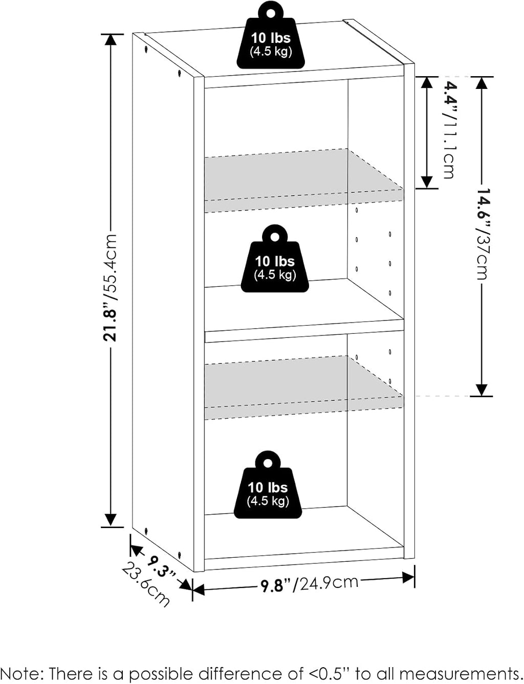 Fulda Book Shelf, 2-Tier Narrow Bookshelf, Bookcase with 10-in Width Storage Shelf, 9.3 x 9.8 x 21.2, for Living Room, Bedroom, Home Office, Darkwood