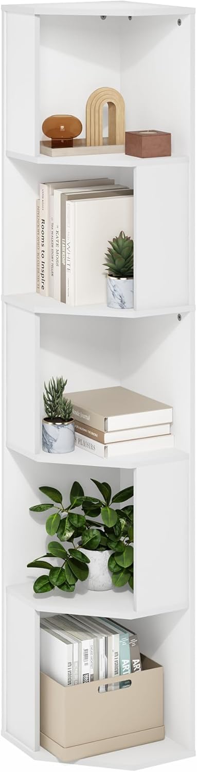 ECON Corner Shelf, 5-Tier Corner Book Shelf, Standing Storage Shelves, Cube Display Rack, Bookshelf, for Organization and Storage, Living Room, Home Office, White