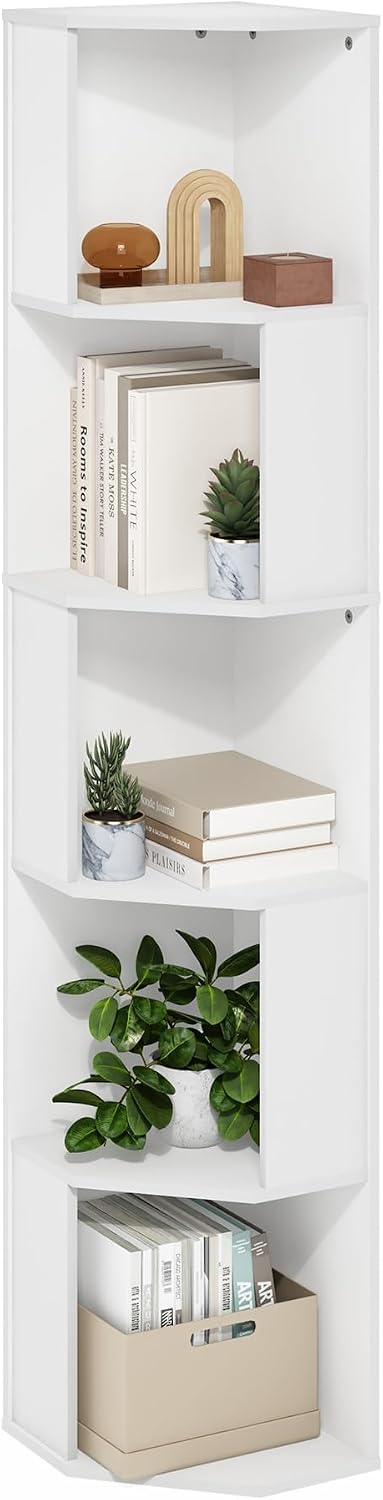 ECON Corner Shelf, 5-Tier Corner Book Shelf, Standing Storage Shelves, Cube Display Rack, Bookshelf, for Organization and Storage, Living Room, Home Office, White