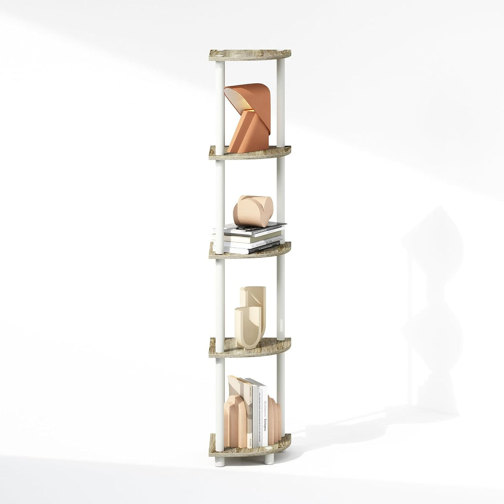 Turn-N-Tube Storage Shelves, 5-Tier Book Shelf, Corner Shelf with Open Shelves, Toollesss Assembly, for Organization and Storage, Living Room, Home Office, Hallway, Bedroom, Light Oak