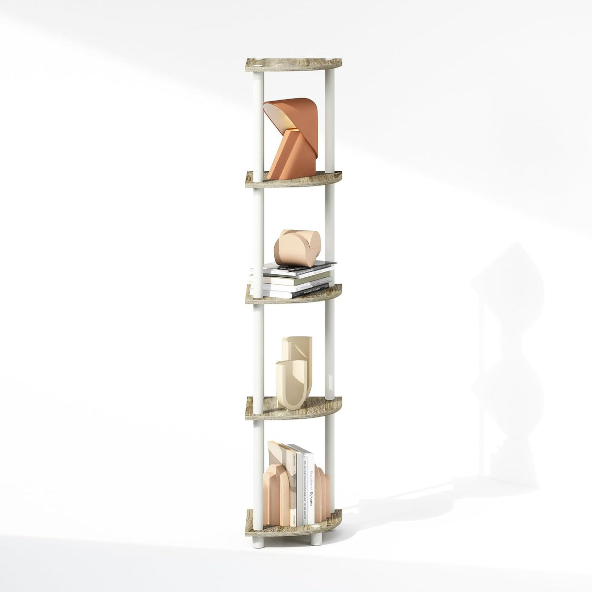 Turn-N-Tube Storage Shelves, 5-Tier Book Shelf, Corner Shelf with Open Shelves, Toollesss Assembly, for Organization and Storage, Living Room, Home Office, Hallway, Bedroom, Light Oak