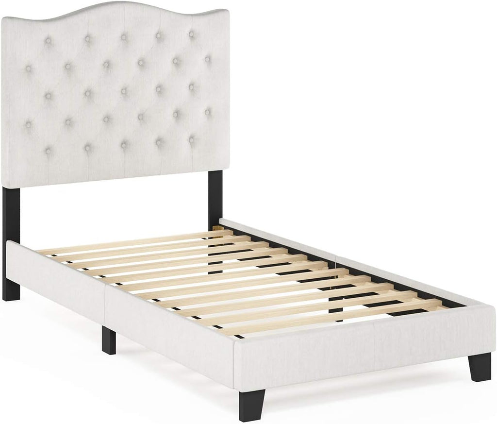 Lille Button Tufted Headboard Bed Frame, Twin Size, Beige