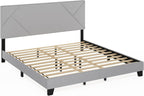 Skylar King Size Bed Frame with Geometric Design Upholstered Headboard, Bedframe with Adjustable Headboard, No Box Spring Needed, 12pcs Wooden Slat Support, for Bedroom, Dorm, Light Grey