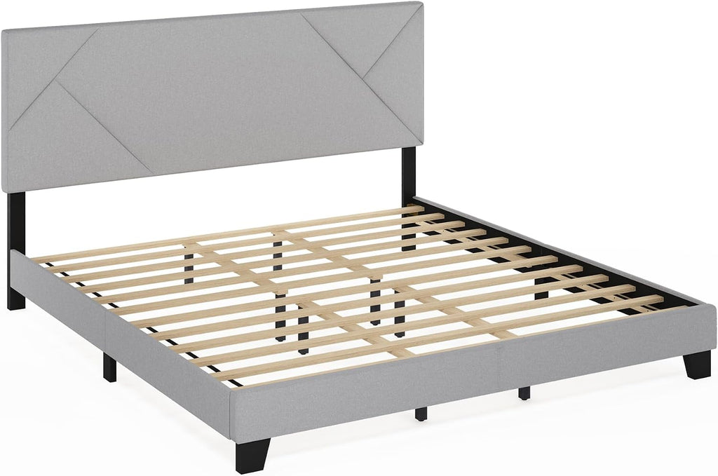 Skylar King Size Bed Frame with Geometric Design Upholstered Headboard, Bedframe with Adjustable Headboard, No Box Spring Needed, 12pcs Wooden Slat Support, for Bedroom, Dorm, Light Grey