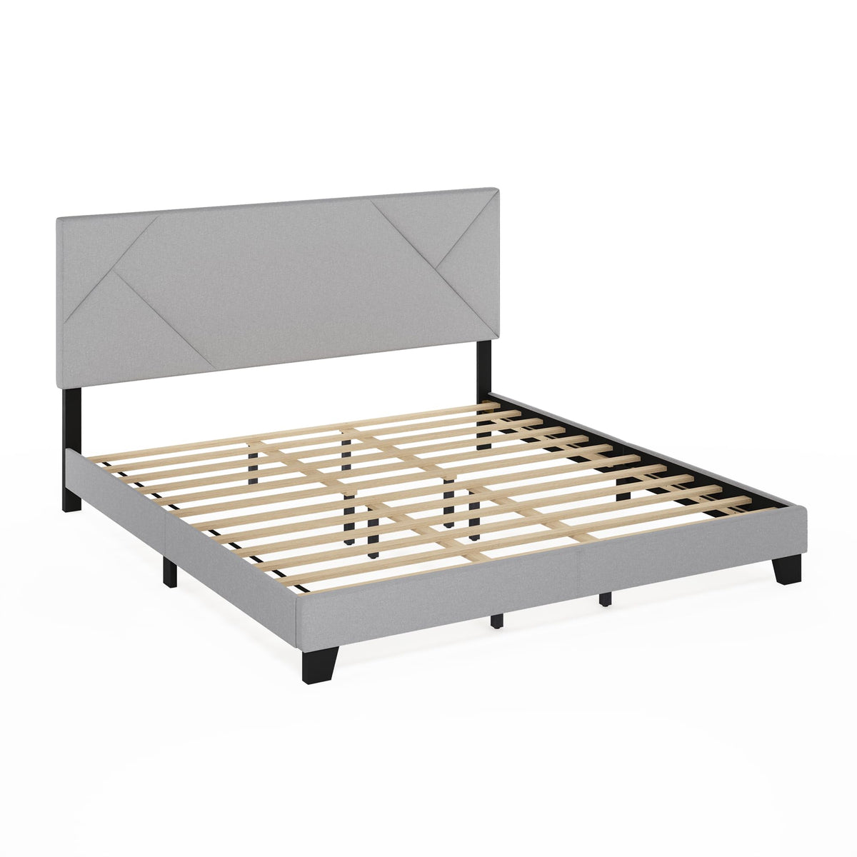 Skylar Full Size Bed Frame with Geometric Design Upholstered Headboard, Bedframe with Adjustable Headboard, No Box Spring Needed, 12pcs Wooden Slat Support, for Bedroom, Dorm, Light Grey
