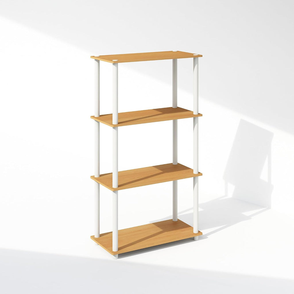 Turn-N-Tube Book Shelf, 4-Tier Bookshelf, Bookcase with Multipurpose Compact Display Rack, 11.6 x 23.6 x 43.2, for Living Room, Bedroom, Home Office, Beech/White