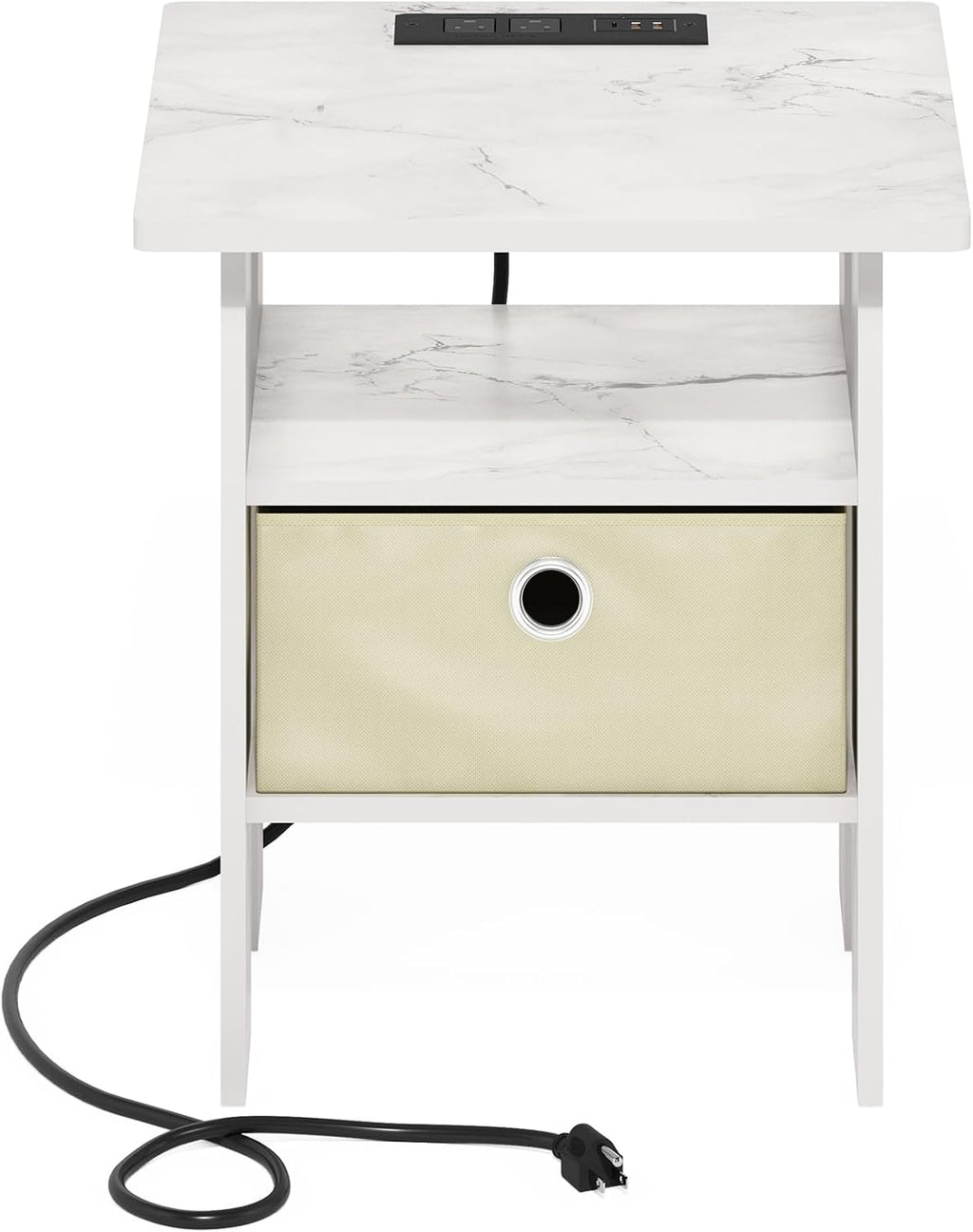Andrey Side Table, Charging Station End Table, Light Marble/Ivory