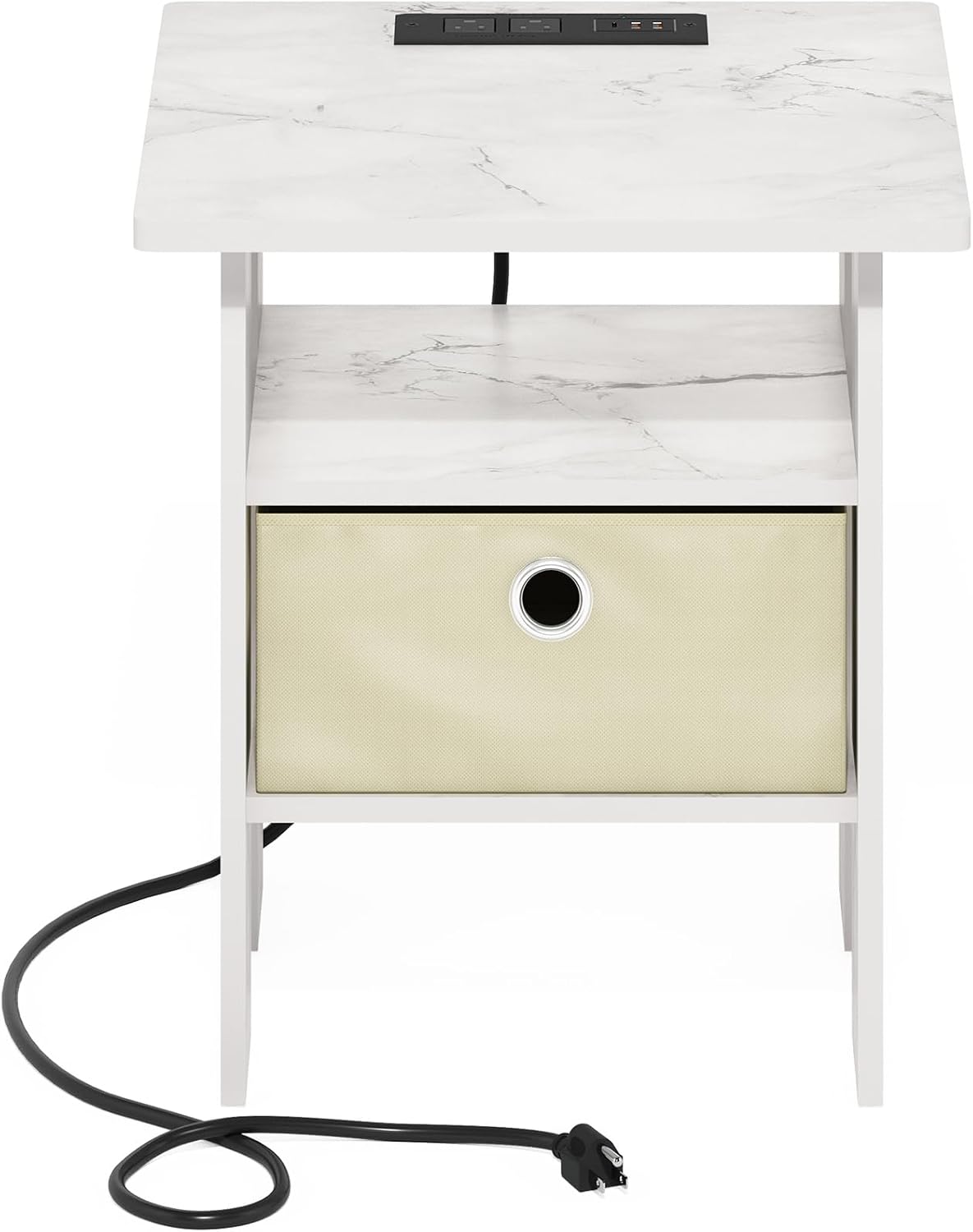 Andrey Side Table, Charging Station End Table, Light Marble/Ivory