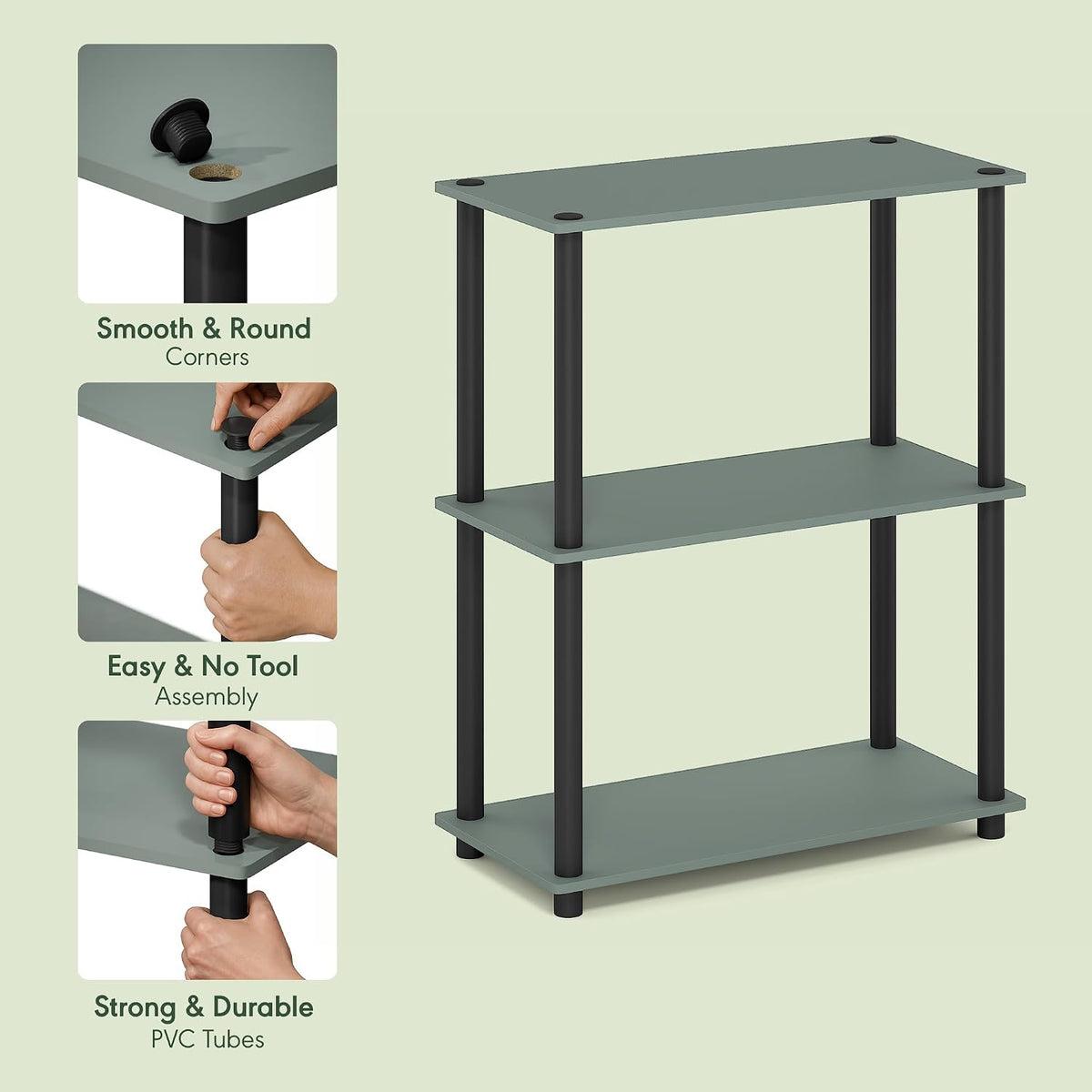 Turn-N-Tube Toolless Assembly 3-Tier Closet Shelf, Sage Green