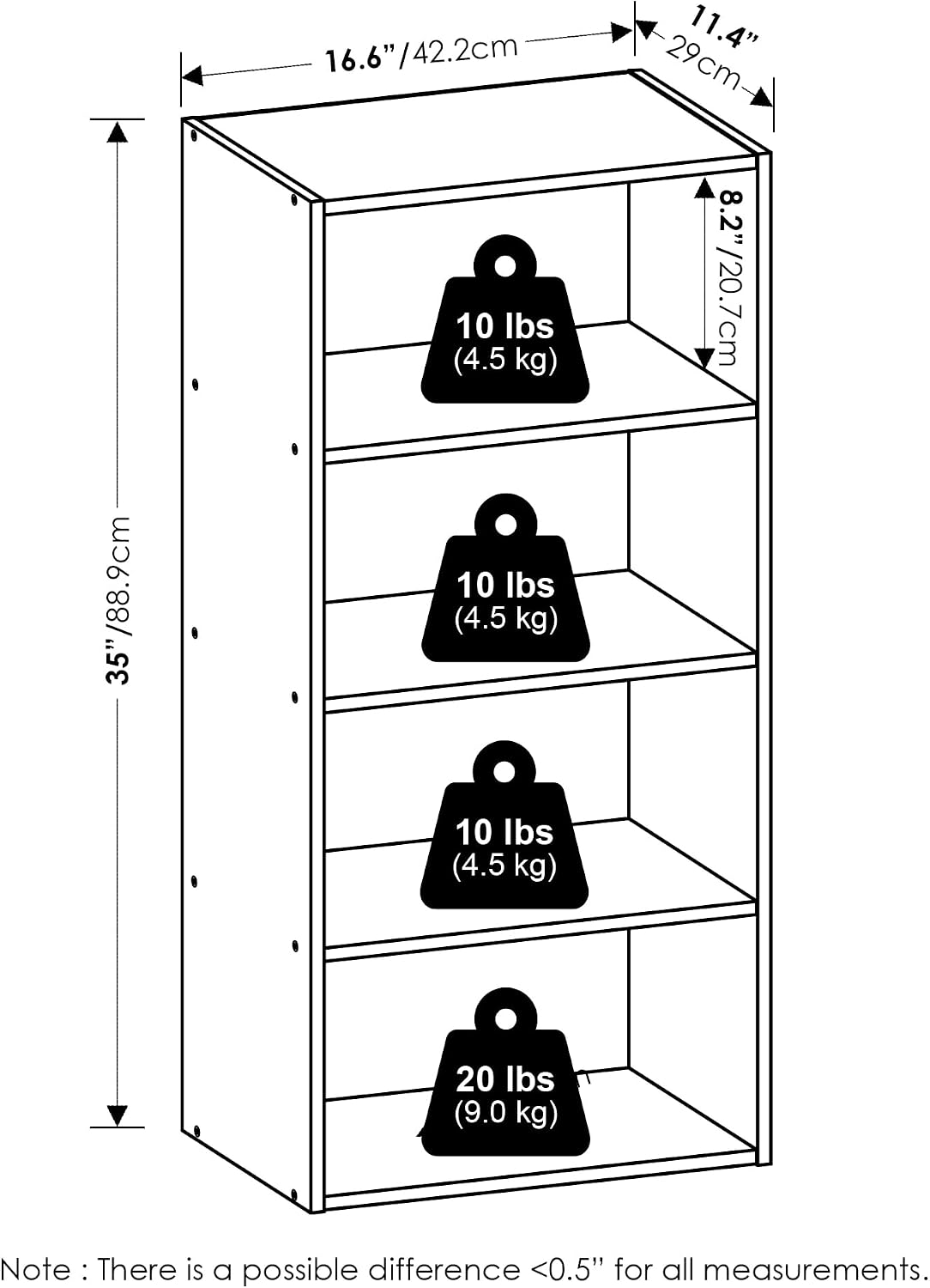 Basic Book Shelf, 4-Tier Bookcase with Open Shelf, Bookshelf, Cube Storage Organizer, 11 x 17 x 35, for Living Room, Bedroom, Home Office, Amber Pine