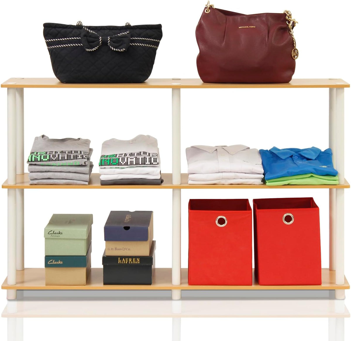 TURN-N-TUBE Storage Shelves, 3-Tier 47.4 Wide Book Shelf, Corner Shelf, Toolless Open Shelves, for Organization and Storage, Living Room, Garage, Home Office, Beech