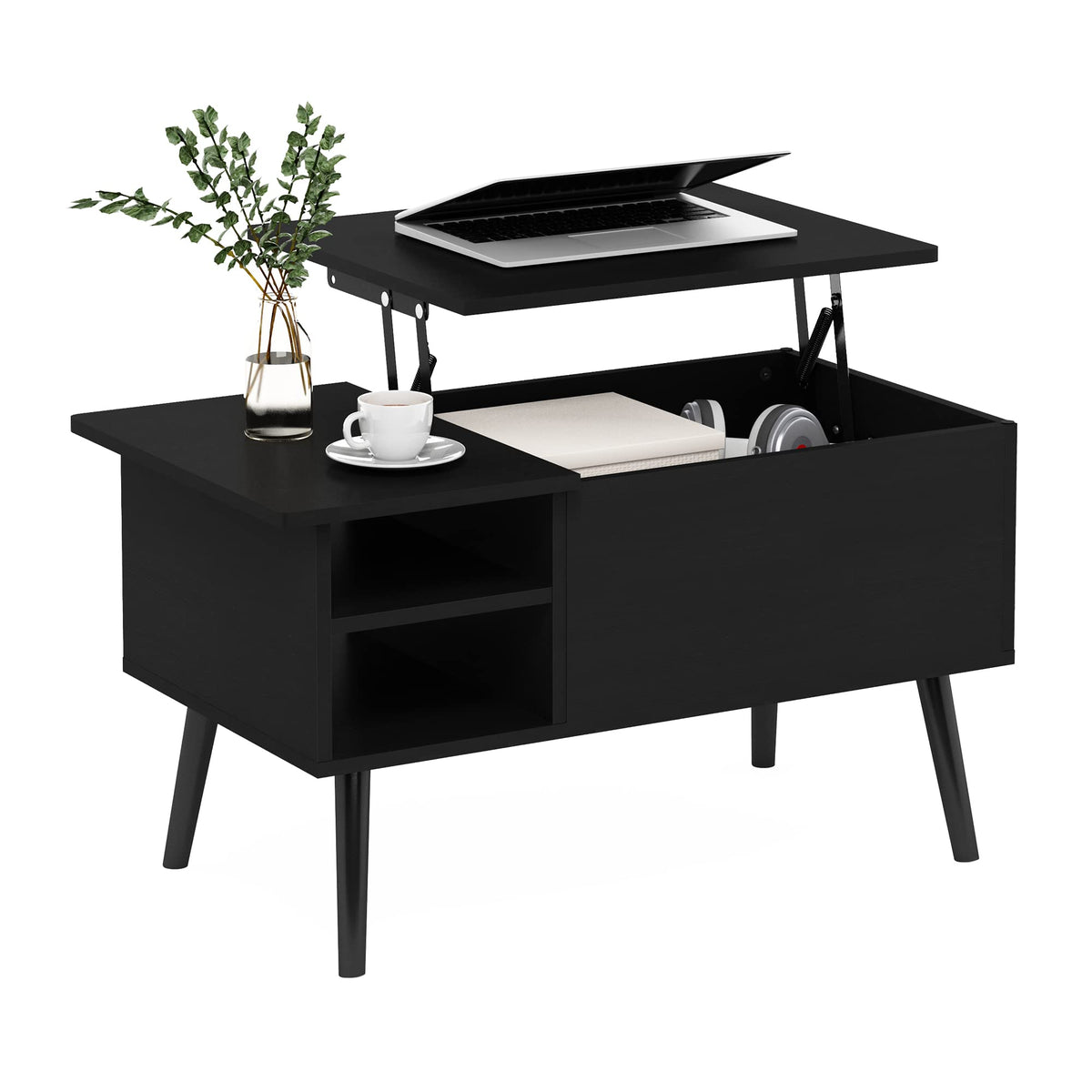 Jensen Living Room Wooden Leg Lift Top Coffee Table With Hidden Compartment and Side Open Storage Shelf, Solid White