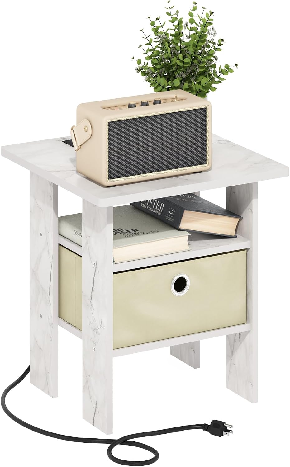 Andrey Side Table, Charging Station End Table, Light Marble/Ivory