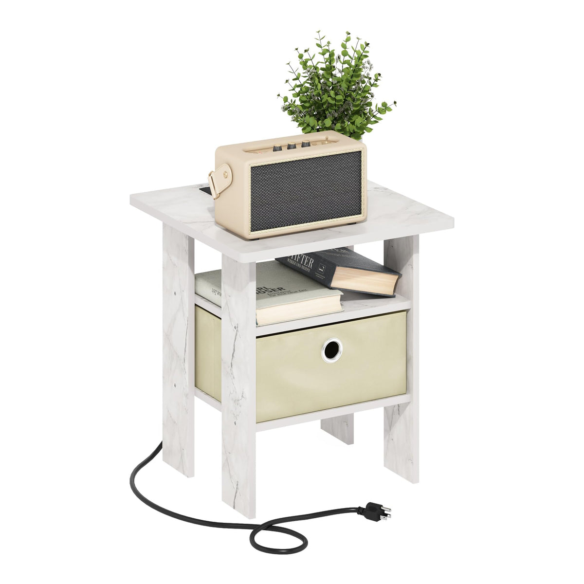 Andrey Side Table, Charging Station End Table, Light Marble/Ivory