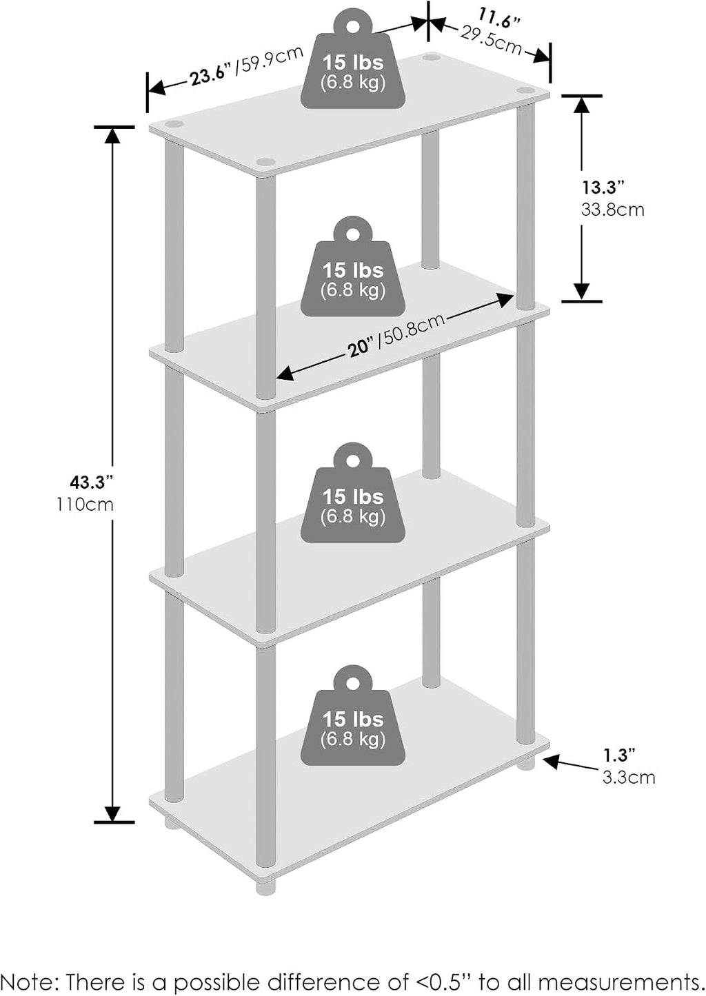 Turn-N-Tube Book Shelf, 4-Tier Bookshelf, Bookcase with Multipurpose Compact Display Rack, 11.6 x 23.6 x 43.2, for Living Room, Bedroom, Home Office, Beech/White