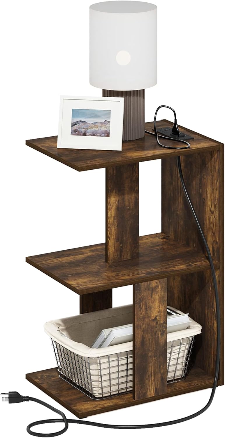 BOYATE 2-Tier Night Stand with Charging Station, Amber Pine