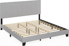 Lucy Bed Frame, King Size Bedframe with Geometric Design Upholstered Headboard, Bed with Adjustable Headboard, No Box Spring Needed, 12pcs Wooden Slat Support, for Bedroom, Dorm, Glacier