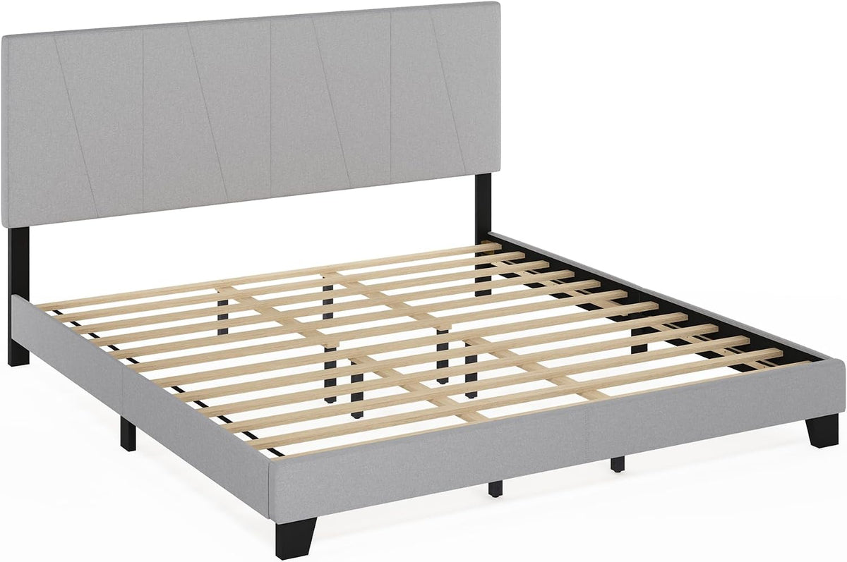 Lucy Bed Frame, King Size Bedframe with Geometric Design Upholstered Headboard, Bed with Adjustable Headboard, No Box Spring Needed, 12pcs Wooden Slat Support, for Bedroom, Dorm, Glacier