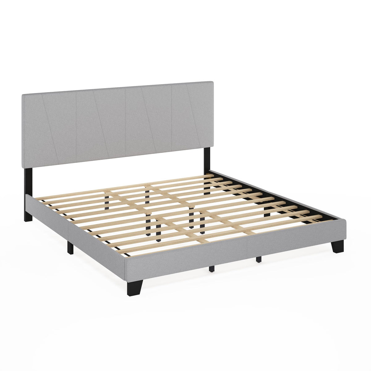 Skylar Full Size Bed Frame with Geometric Design Upholstered Headboard, Bedframe with Adjustable Headboard, No Box Spring Needed, 12pcs Wooden Slat Support, for Bedroom, Dorm, Light Grey