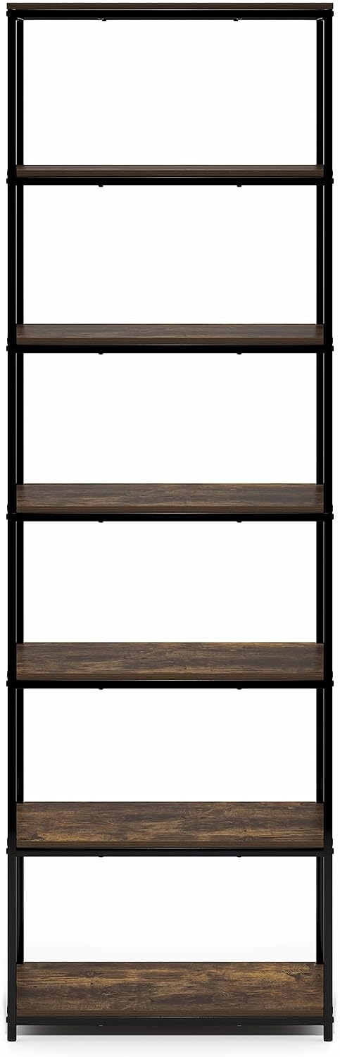 Simplistic Book Shelf, 7-Tier Bookshelf, Metal Frame Bookcases, Metal Storage Shelves, Storage and Organization, 11.8 x 23.6 x 74.9, for Living Room, Home Office, Bedroom, Amber Pine