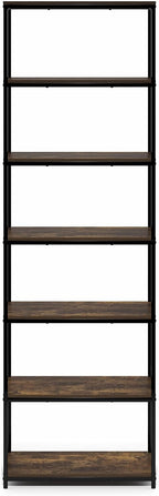 Simplistic Book Shelf, 7-Tier Bookshelf, Metal Frame Bookcases, Metal Storage Shelves, Storage and Organization, 11.8 x 23.6 x 74.9, for Living Room, Home Office, Bedroom, Amber Pine