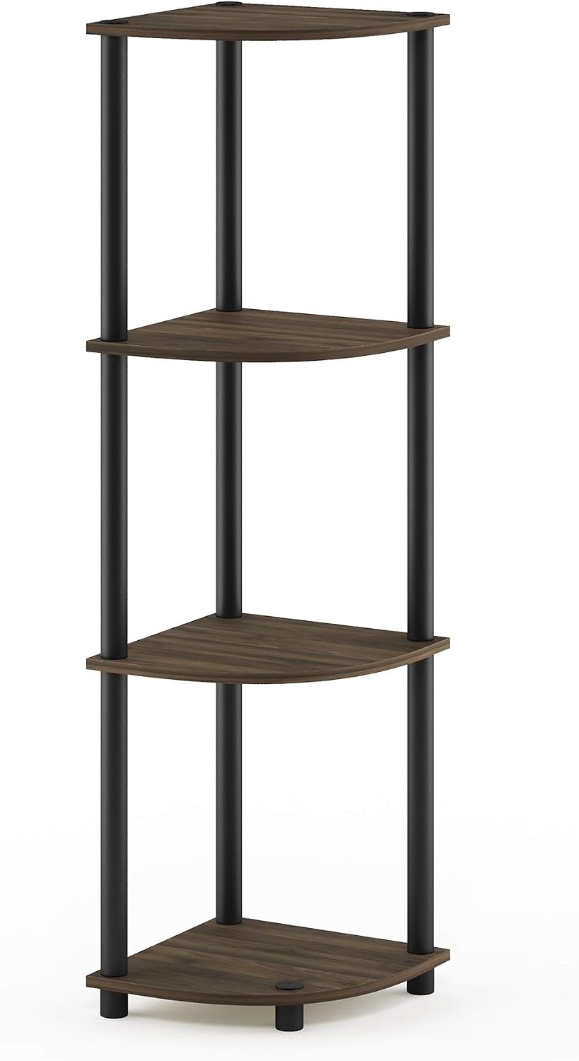 TURN-N-TUBE Corner Shelf, 4-Tier Corner Bookshelf, Display Storage Shelves with Open Shelves, for Organization and Storage, Living Room, Home Office, Garage, Columbia Walnut