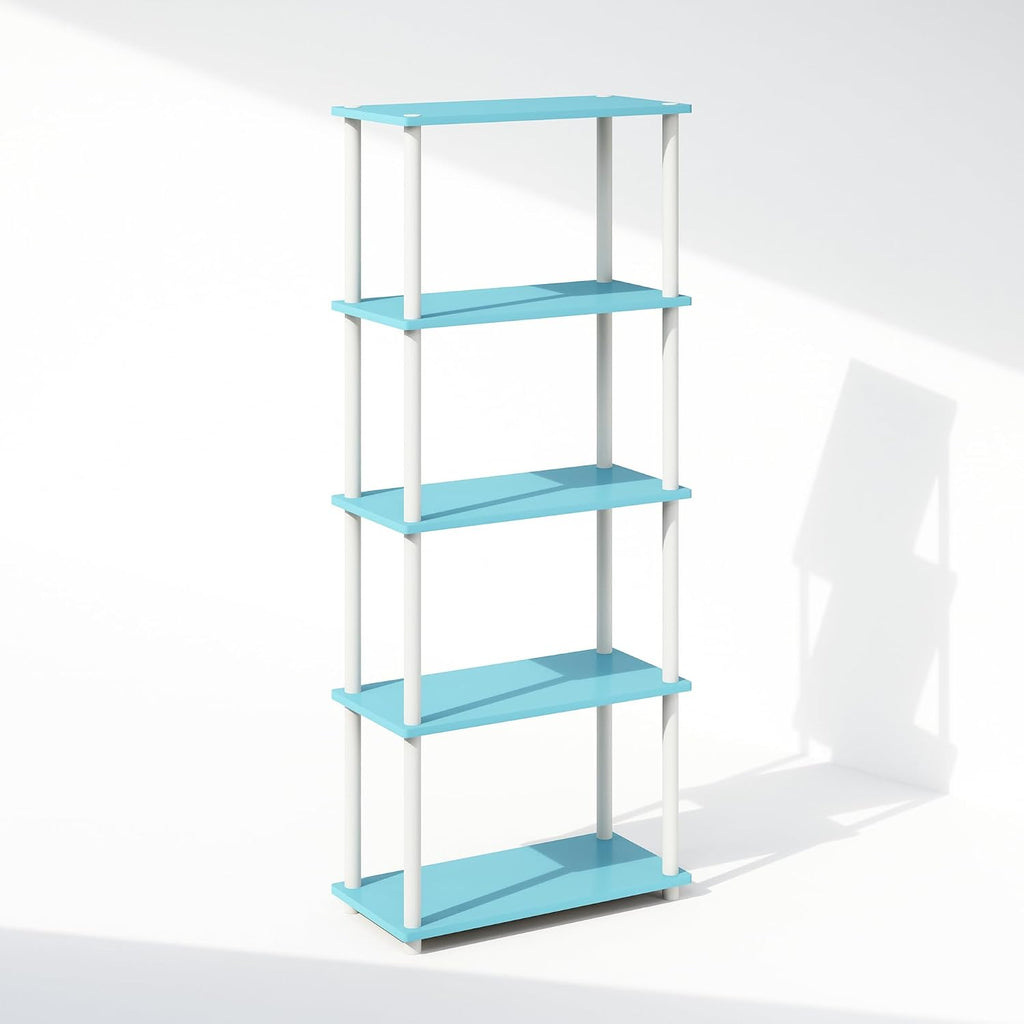 Turn-N-Tube Book Shelf, 5-Tier Bookshelf, Bookcase with Multipurpose Compact Display Rack, 11.6 x 23.6 x 57.4, for Living Room, Bedroom, Home Office, Light Blue/White