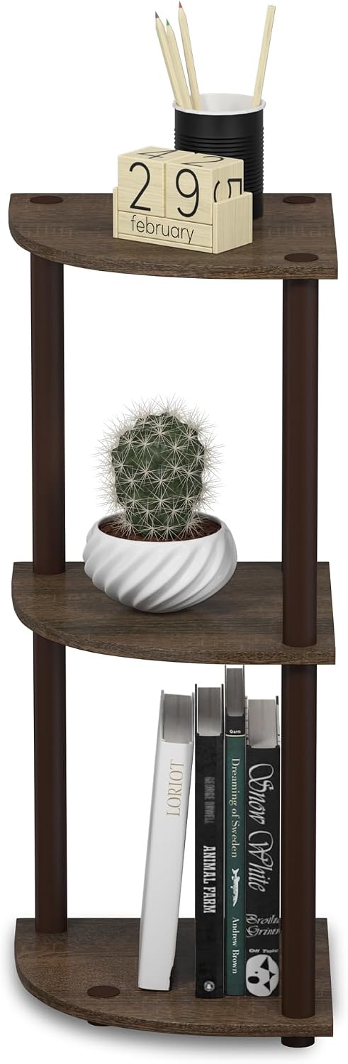 Turn-N-Tube Toolless Assembly 3-Tier Corner Shelf, Black Corner Book Shelf, Open Shelves Bookshelf, for Organization and Storage, Living Room, Home Office, Bedroom, Black Walnut