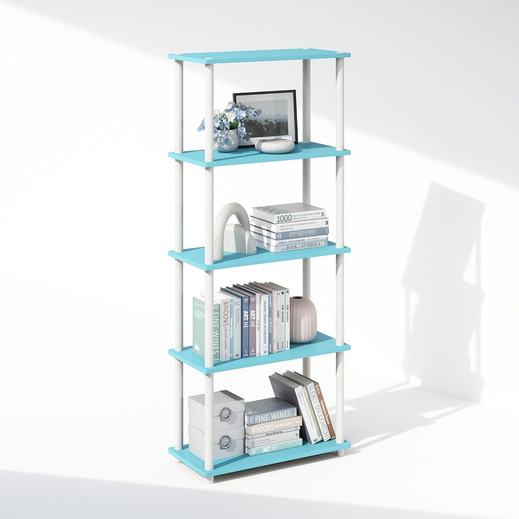 Turn-N-Tube Book Shelf, 5-Tier Bookshelf, Bookcase with Multipurpose Compact Display Rack, 11.6 x 23.6 x 57.4, for Living Room, Bedroom, Home Office, Light Blue/White