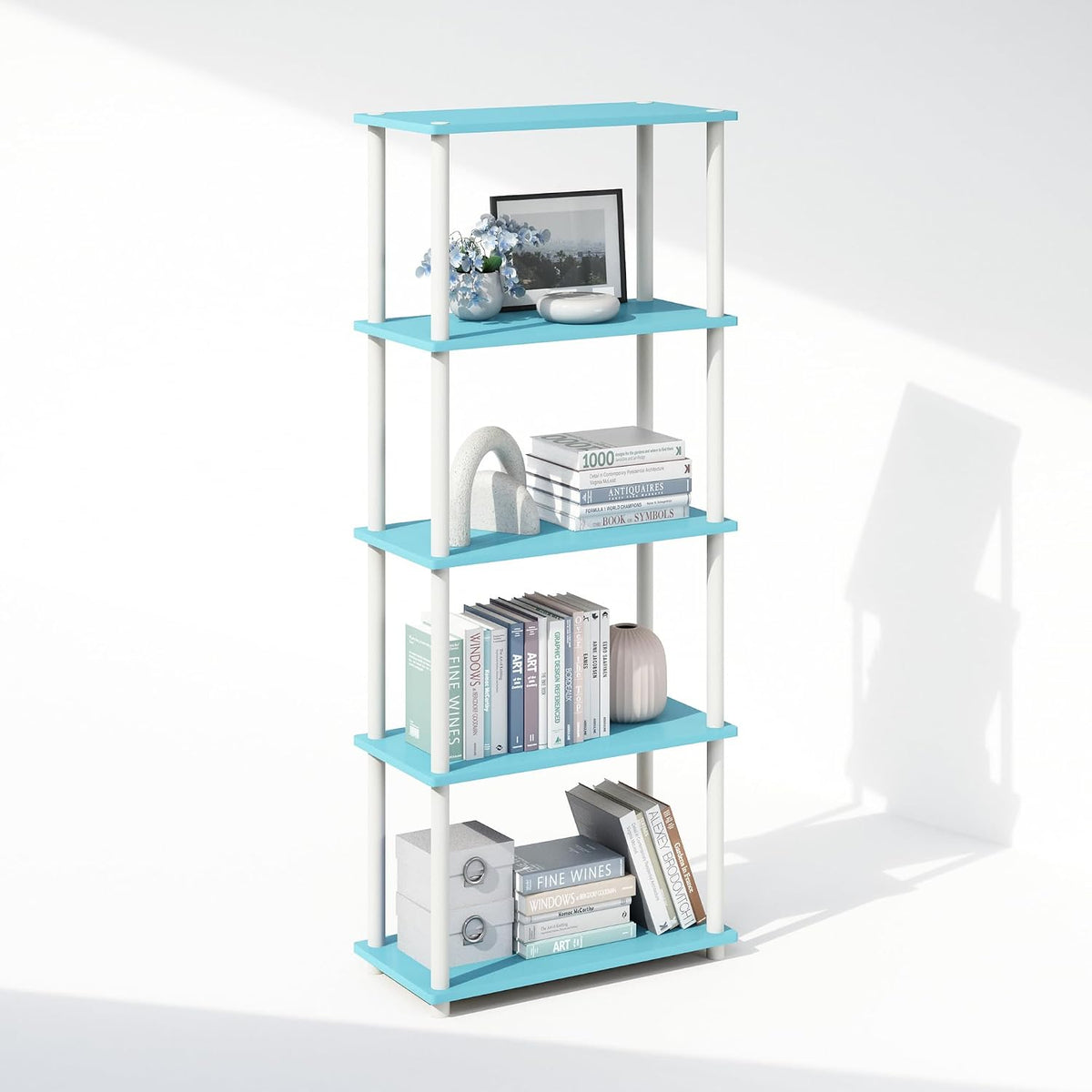 Turn-N-Tube Book Shelf, 5-Tier Bookshelf, Bookcase with Multipurpose Compact Display Rack, 11.6 x 23.6 x 57.4, for Living Room, Bedroom, Home Office, Light Blue/White
