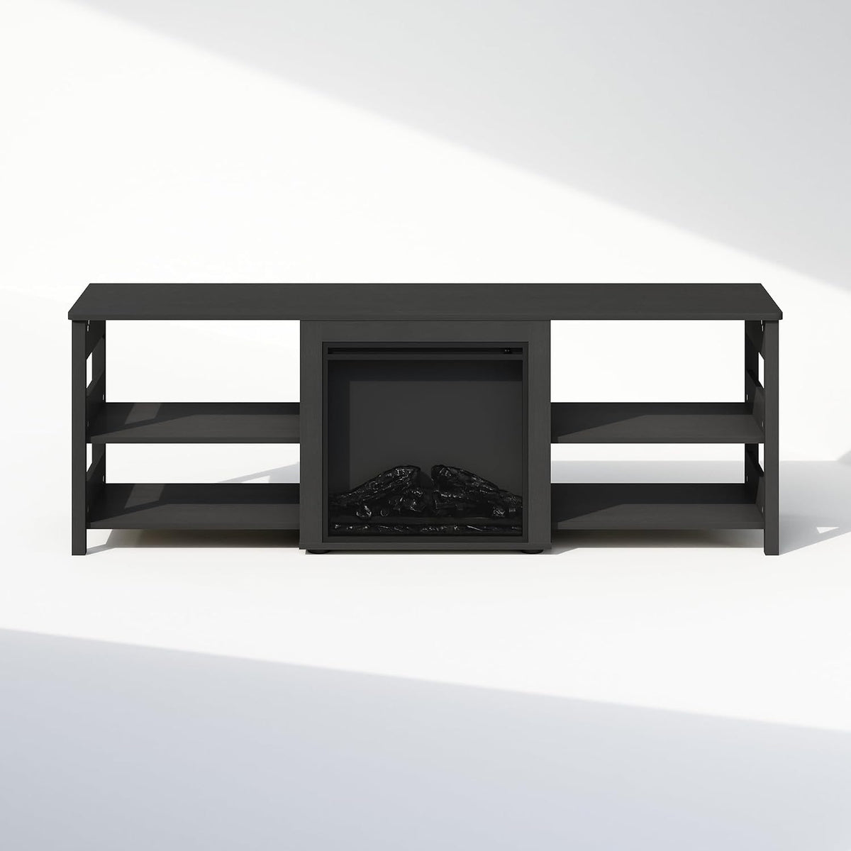 Jensen Fireplace TV Stand, NO Heat Decorative Electric Fireplace TV Stand for TV up to 70 Inch, with Open Storage, for Living Room, Americano