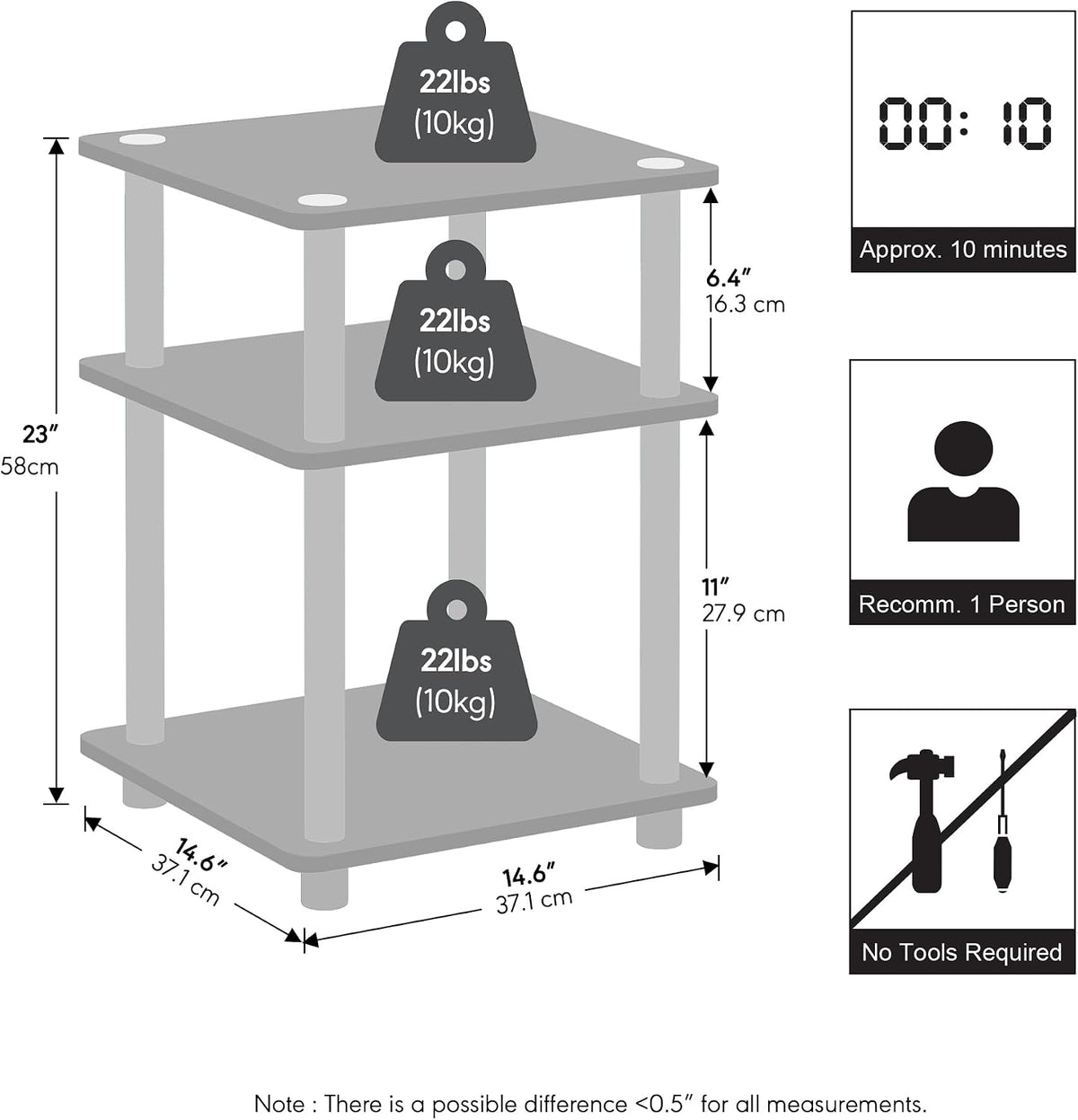 TURN-N-TUBE Toolless 3-Tier Night Stand, Nightstand, Black