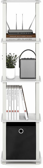 Turn-N-Tube Book Shelf, 5-Tier Square Open Frame Display Shelf, Corner Storage Shelves with Storage Bin, Shelving Unit, for Organization, Living Room, Garage, Home Office, White