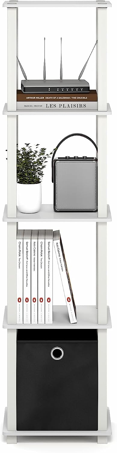 Turn-N-Tube Book Shelf, 5-Tier Square Open Frame Display Shelf, Corner Storage Shelves with Storage Bin, Shelving Unit, for Organization, Living Room, Garage, Home Office, White