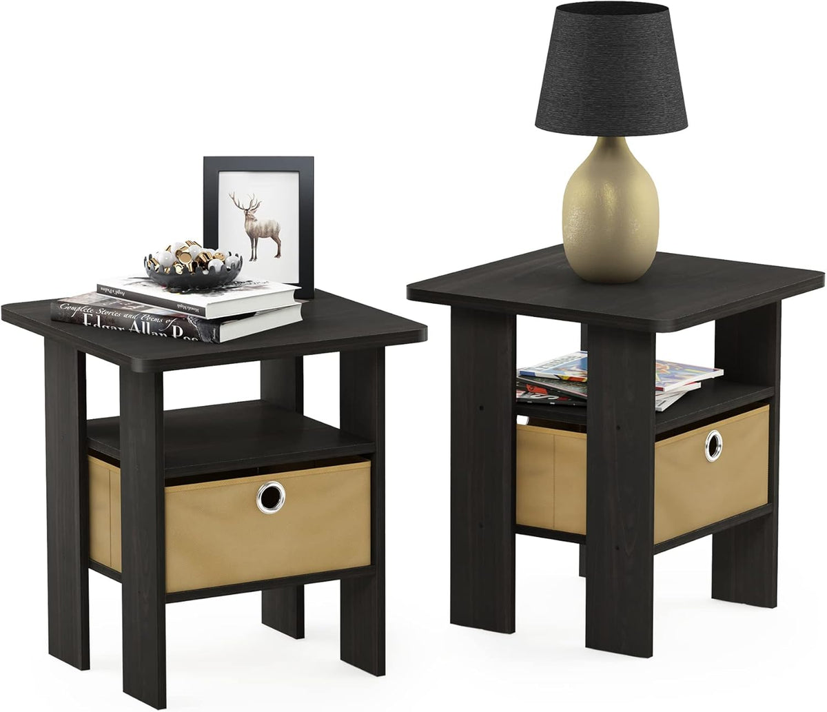 Andrey Set of 2 End / Side Table / Night Stand / Bedside Table with Bin Drawer, Espresso