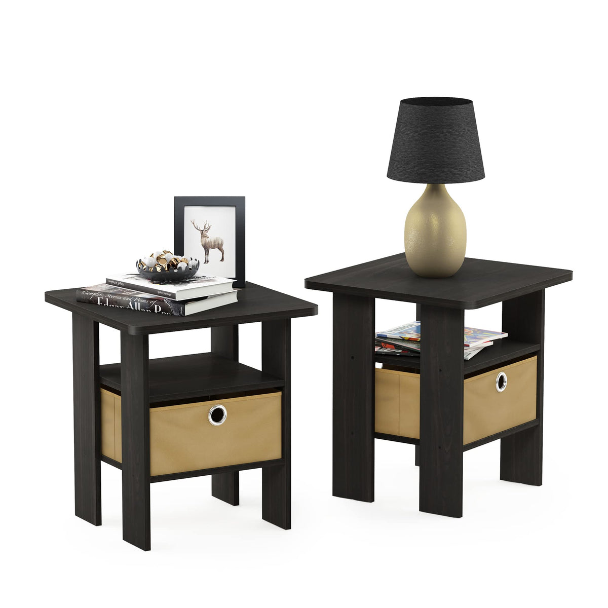 Andrey Set of 2 End Table / Side Table / Night Stand / Bedside Table with Bin Drawer, Columbia Walnut/Dark Brown