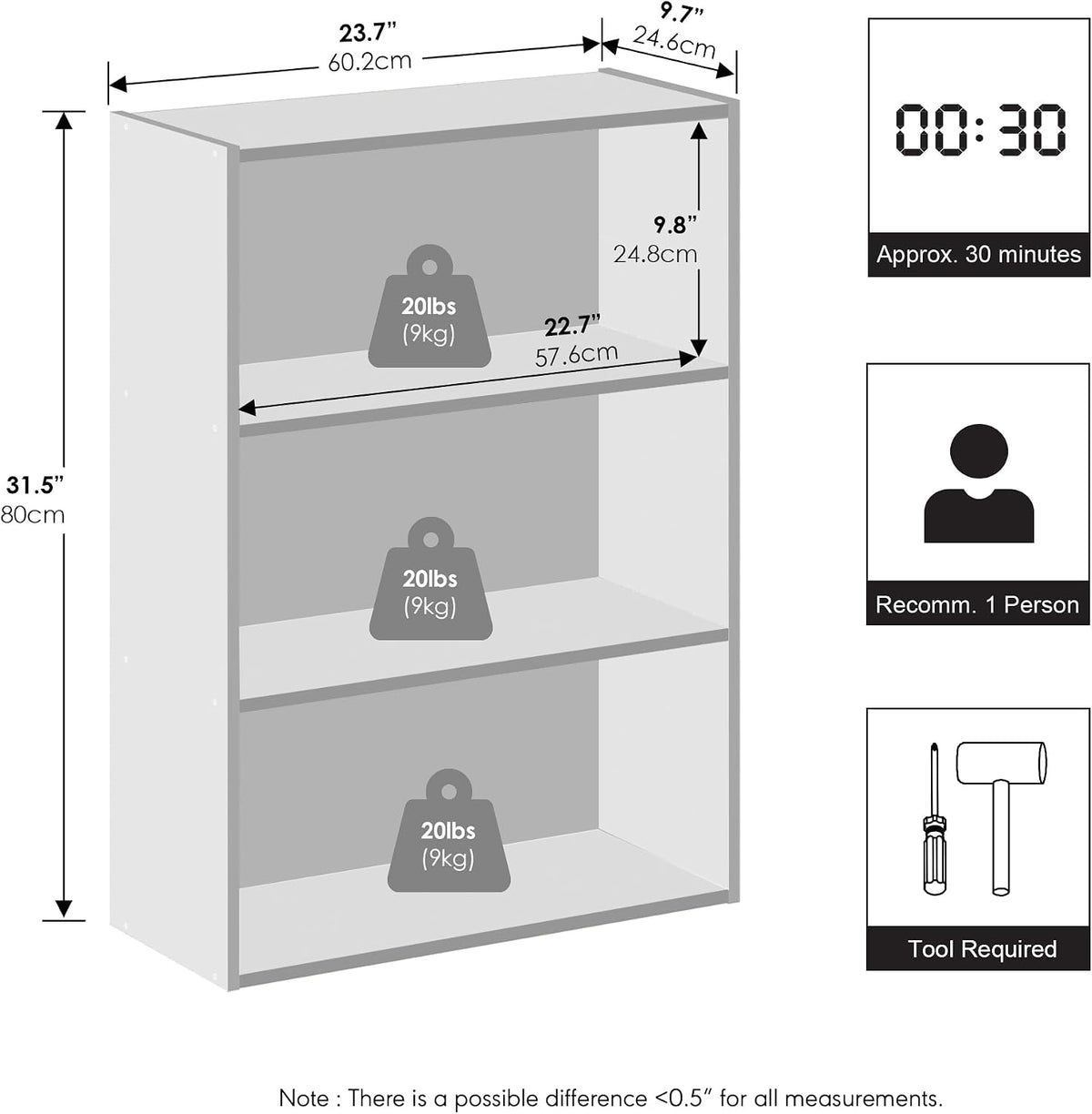 Reed Closet Organizers and Storage, 3-Tier Reversible Closet Shelves, Closet Organization Shelf, 9.7 x 23.7 x 31.5, for Bedroom, Closet, Plain White