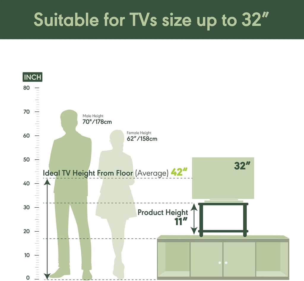 Turn-N-Tube TV Riser Stand, 2-Tier Small Elevated No Tools TV Stand, Console for TV up to 32 inch, 15.8 x 23.8 x 11, for Living Room, Bedroom, White