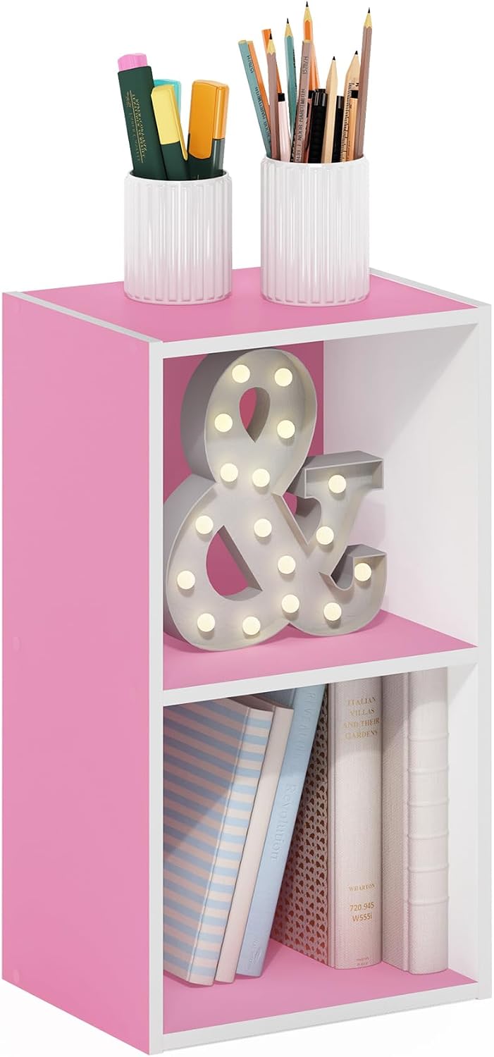 PASIR Book Shelf, 2-Tier Modern Bookshelf, Open Shelves Bookcase 9 x 12 x 21, Easy Assembly, for Living Room, Bedroom, Home Office, Pink/White