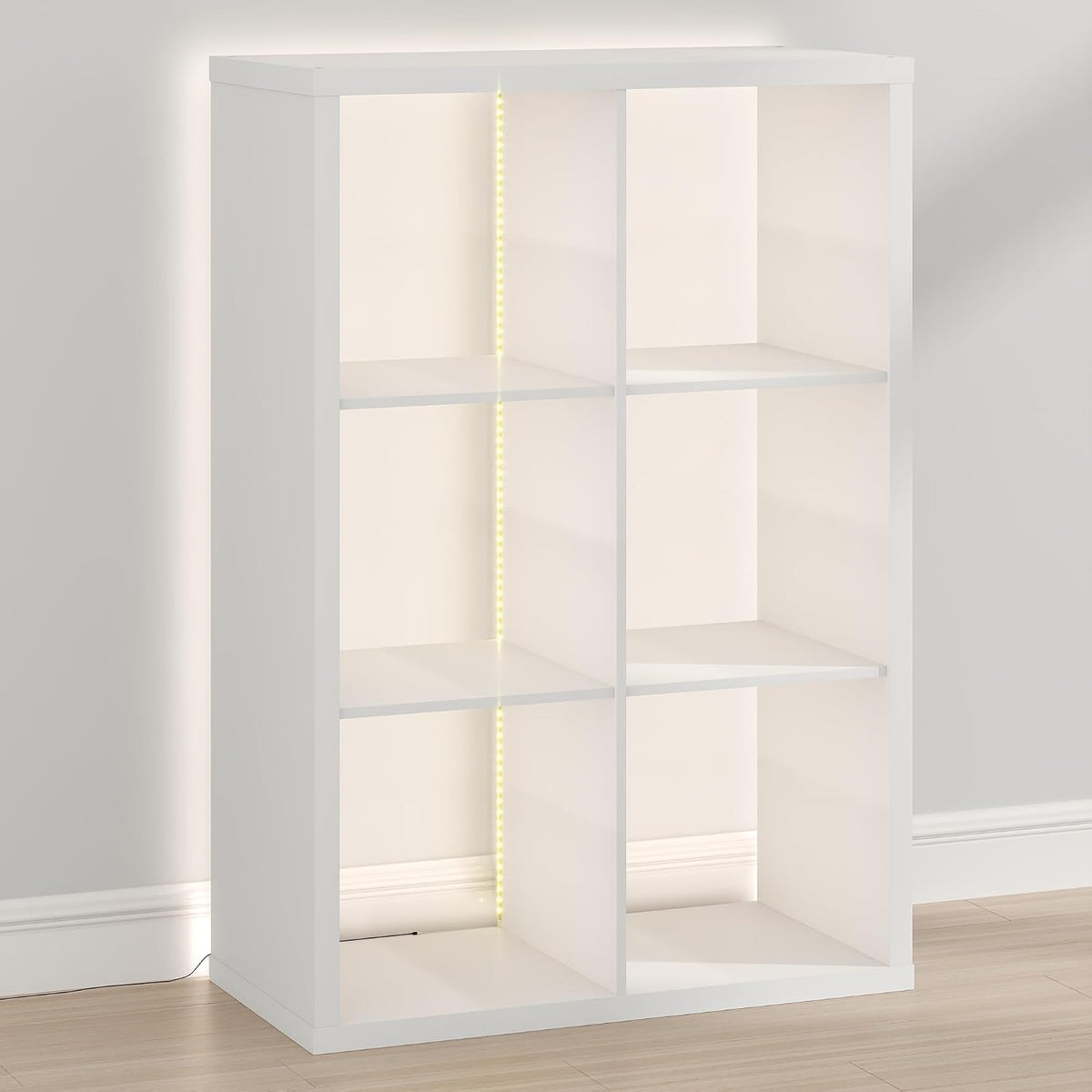 Cubicle Book Shelf with LED Lights, 6-Cube Bookshelf, Reversible Extra Thick Frame Bookcase, Display Storage Shelves, for Living Room, Bedroom, Home Office, White