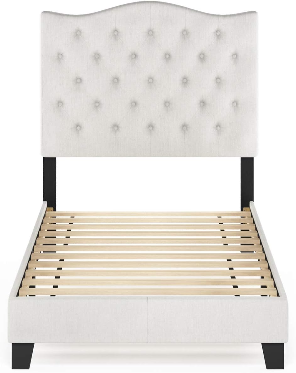 Lille Button Tufted Headboard Bed Frame, Twin Size, Beige