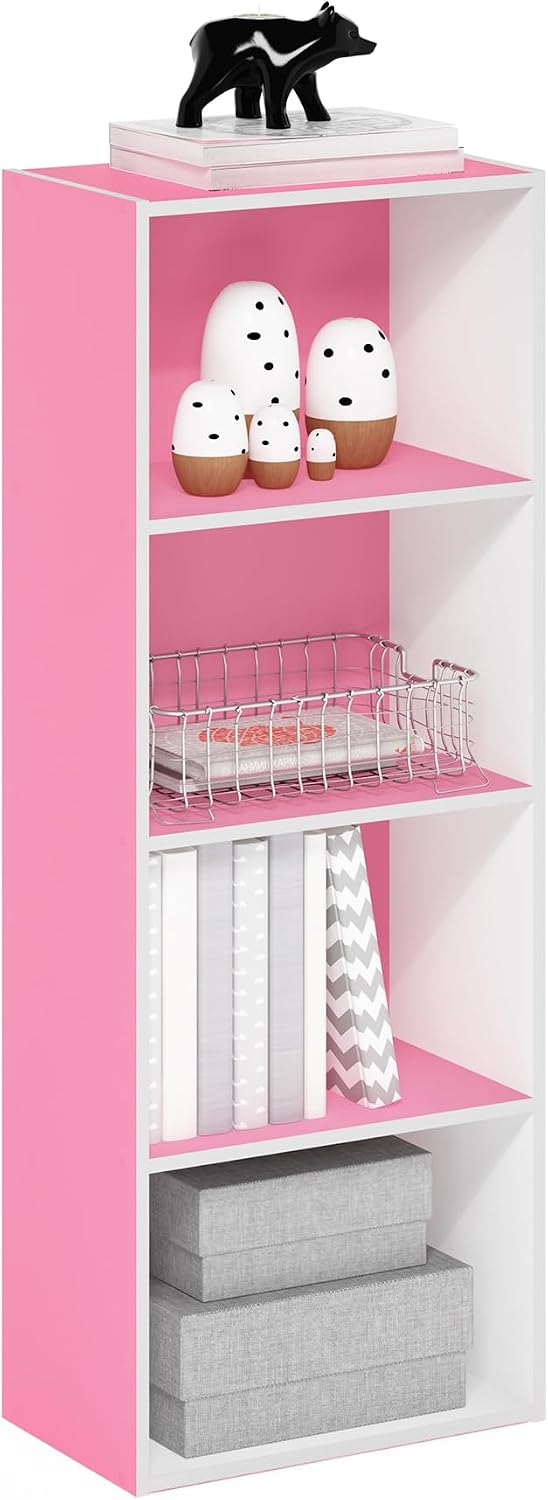 LUDER 4-Tier Book Shelf, Open Shelves Bookshelf, Pink/White