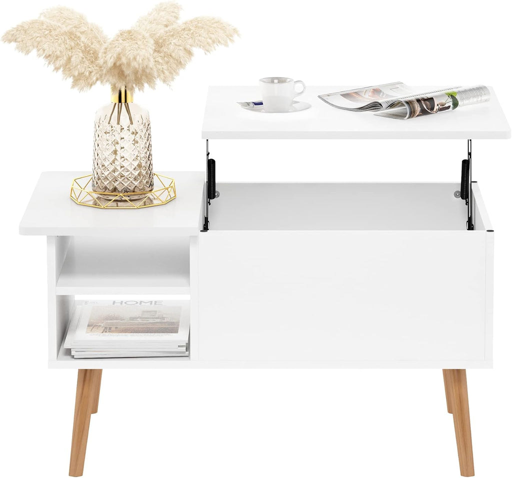 Jensen Living Room Wooden Leg Lift Top Coffee Table With Hidden Compartment and Side Open Storage Shelf, Solid White