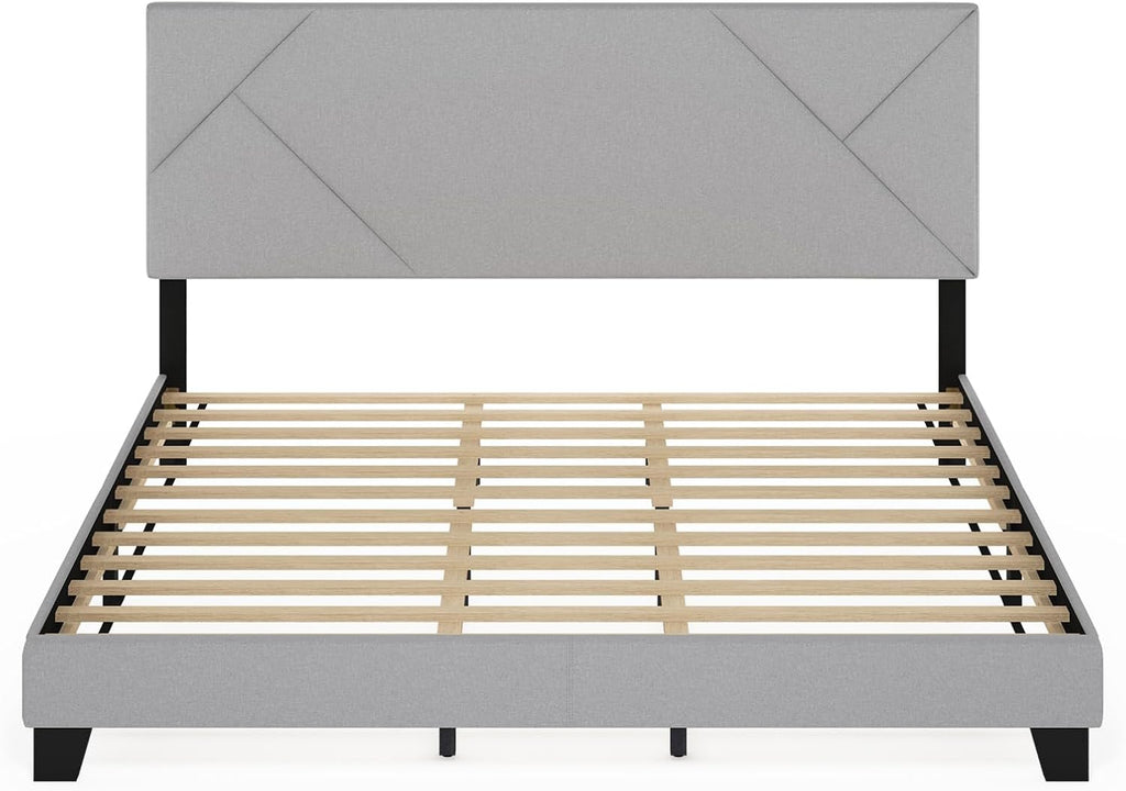 Skylar King Size Bed Frame with Geometric Design Upholstered Headboard, Bedframe with Adjustable Headboard, No Box Spring Needed, 12pcs Wooden Slat Support, for Bedroom, Dorm, Light Grey