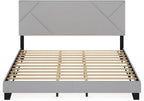 Skylar King Size Bed Frame with Geometric Design Upholstered Headboard, Bedframe with Adjustable Headboard, No Box Spring Needed, 12pcs Wooden Slat Support, for Bedroom, Dorm, Light Grey