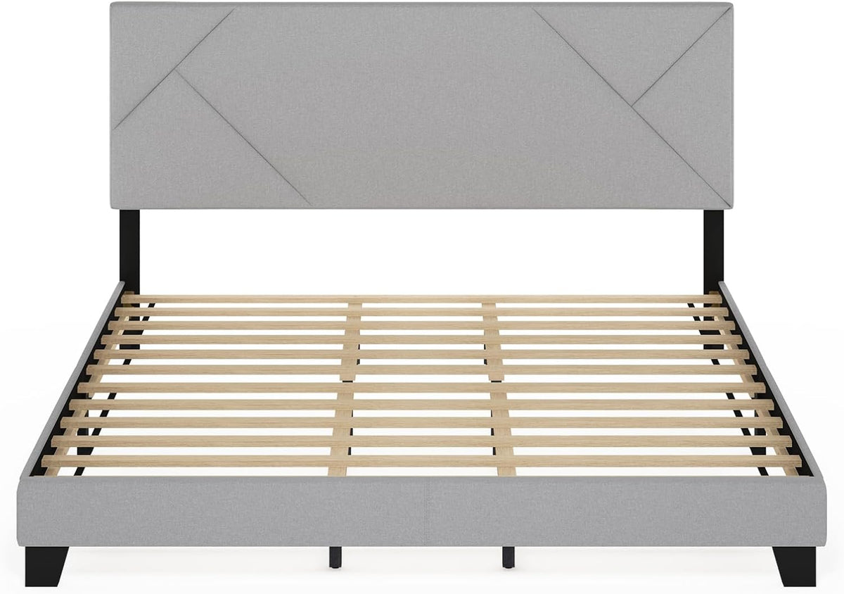 Skylar Bed Frame, King Size Bedframe with Geometric Design Upholstered Headboard, Bed with Adjustable Headboard, No Box Spring Needed, 12pcs Wooden Slat Support, for Bedroom, Dorm, Glacier