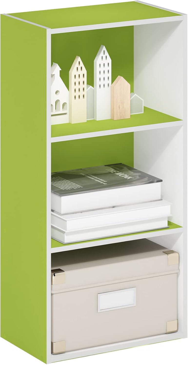LUDER 3-Tier Book Shelf, Open Shelves Bookshelf, Green/White