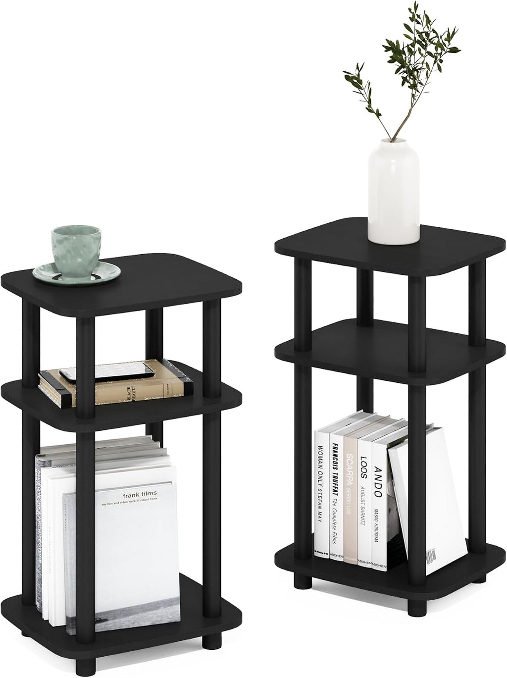 JUST 3-Tier Telephone Table Set of 2, Turn-N-Tube Toolless Side Table with Open Shelf, Round Curve Corner Night Stand, Bedside Table, for Living Room, Bedroom, Americano