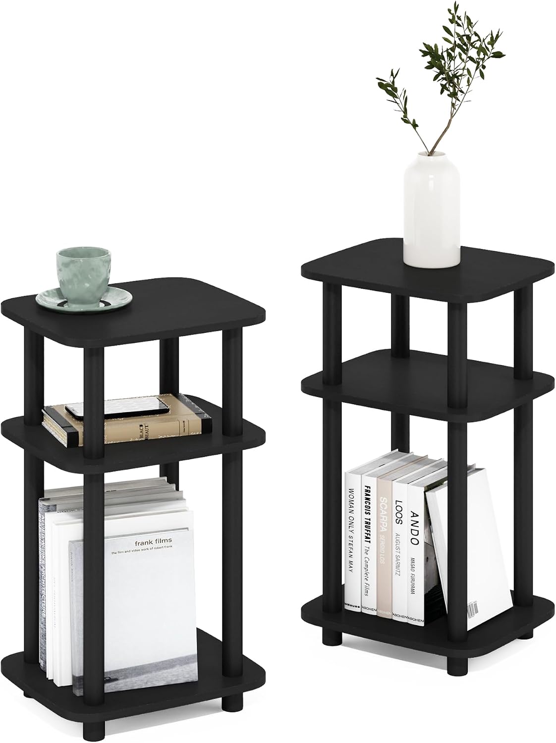 JUST 3-Tier Telephone Table Set of 2, Turn-N-Tube Toolless Side Table with Open Shelf, Round Curve Corner Night Stand, Bedside Table, for Living Room, Bedroom, Americano